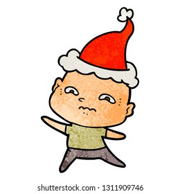 hand drawn textured cartoon of a nervous man wearing santa hat