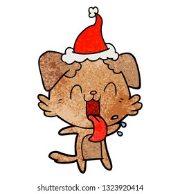 hand drawn textured cartoon of a panting dog wearing santa hat