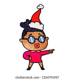 hand drawn textured cartoon of a pointing woman wearing spectacles wearing santa hat