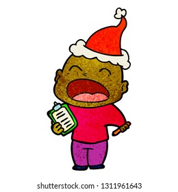 hand drawn textured cartoon of a shouting bald man wearing santa hat