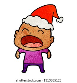 hand drawn textured cartoon of a shouting bald man wearing santa hat