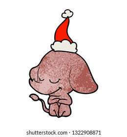 hand drawn textured cartoon of a smiling elephant wearing santa hat