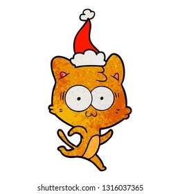 hand drawn textured cartoon of a surprised cat running wearing santa hat