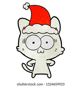 hand drawn textured cartoon of a surprised cat wearing santa hat