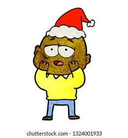 hand drawn textured cartoon of a tired bald man wearing santa hat
