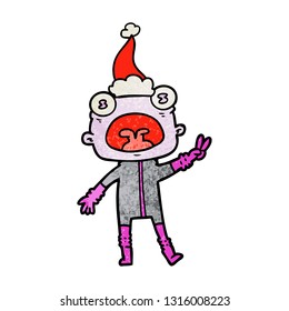 hand drawn textured cartoon of a weird alien waving wearing santa hat