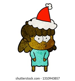 hand drawn textured cartoon of a whistling girl wearing santa hat