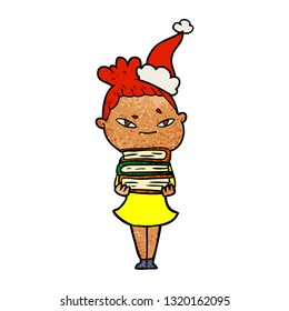 hand drawn textured cartoon of a woman wearing santa hat