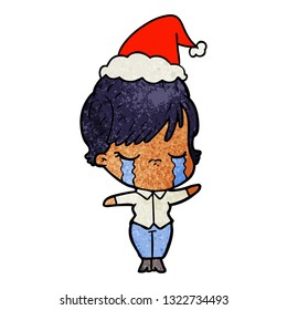 hand drawn textured cartoon of a woman crying wearing santa hat