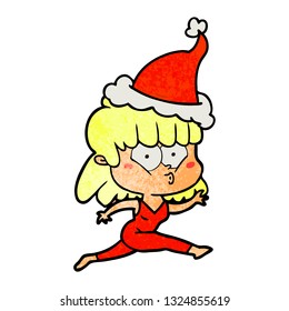 hand drawn textured cartoon of a woman running wearing santa hat
