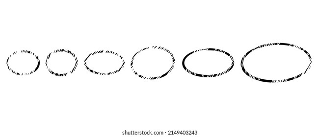 Hand drawn textured circles set. Doodle Marker highlight ovals. Marker sketch. Highlighting text and important objects. Round scribble frames. Stock vector illustration on white background.