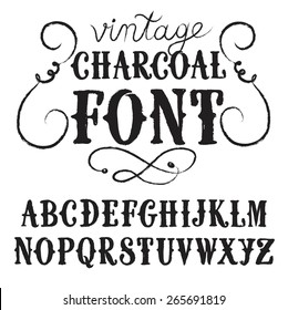 Hand drawn textured decorative vintage charcoal vector ABC letters on old paper background. Nice font for your design.
