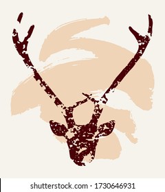 Hand drawn textured deer head silhouette. Vintage symbol vector illustration in brown over beige. Spiritual art, yoga, boho style, nature and wilderness.