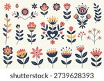 Hand drawn textured folk botanical elements collection. Flowers, leaves, branches and symmetrical floral compositions.