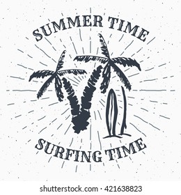 Hand Drawn Textured Grunge Vintage Label, Retro Badge Or T-shirt Typography Design With Palm Tree And Surfboards Vector Illustration.