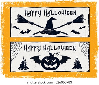 Hand drawn textured Halloween card with broomsticks, bats, jack-o-lantern, and candles