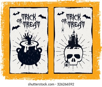 Hand drawn textured Halloween card with cauldron, skull, candles, and bats