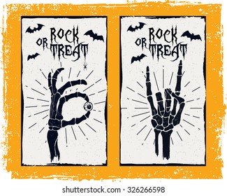 Hand Drawn Textured Halloween Card With Skeleton Hands And Bats