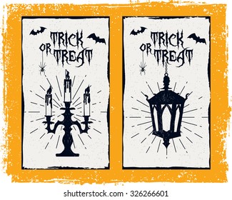 Hand drawn textured Halloween card with candlestick, lantern, and bats