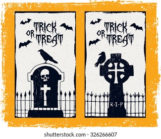 Hand drawn textured Halloween card with tombstones, ravens, and bats