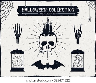 Hand drawn textured Halloween set of skeleton hands, bat, skull, brain, and heart vector illustrations.