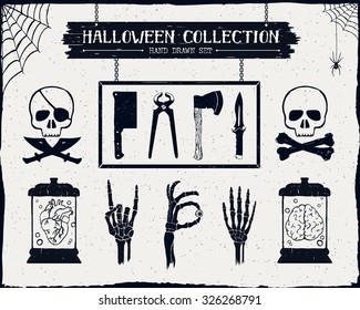 Hand drawn textured Halloween set of steel arms, skulls, embalmed heart and brain, and skeleton hands illustrations.