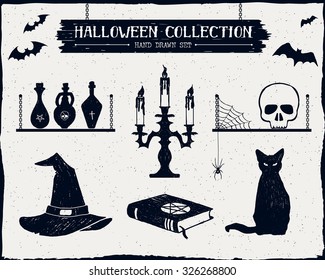 Hand drawn textured Halloween set of witch hat, vials, candlestick, skull, and cat illustrations.