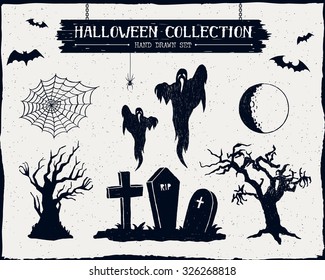 Hand drawn textured Halloween set graveyard  ghosts  dead trees  full moon    spiderweb illustrations 