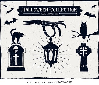 Hand drawn textured Halloween set tombstones  owl  black cat  lantern    bats illustrations 