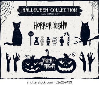 Hand drawn textured Halloween set of black cat, owl, candies, zombie hands, and jack-o-lanterns illustrations.
