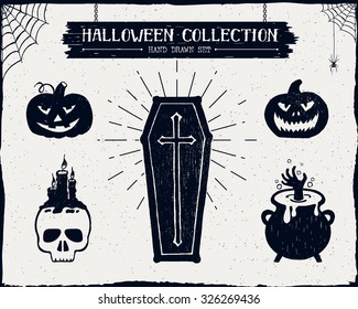 Hand drawn textured Halloween set of a coffin, jack-o-lanterns, skull, cauldron, and spiderwebs vector illustrations.