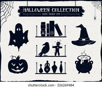 Hand drawn textured Halloween set of ghost, jack-o-lantern, spell books, witch hat, cauldron, and potion vials illustrations.