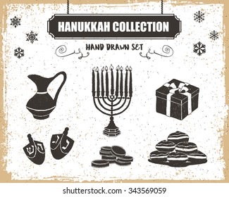 Hand drawn textured Hanukkah icons set with menorah, oil pitcher, gift box, dreidels, gelt, and sufganiyot vector illustrations.