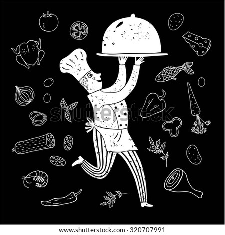 Hand drawn textured happy chief with doodle meal on blackboard background.Cook illustration for your design