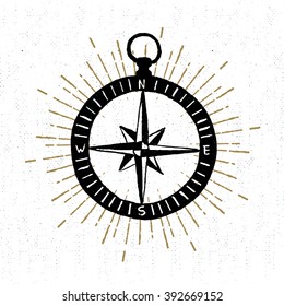 Hand drawn textured icon with compass rose vector illustration.