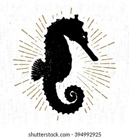 Hand drawn textured icon with seahorse vector illustration.