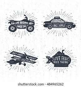 Hand drawn textured labels set with quad bike, taxi, biplane, and submarine vector illustrations and lettering.