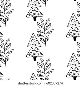 Hand drawn textured leaves and tree. Modern black and white pattern