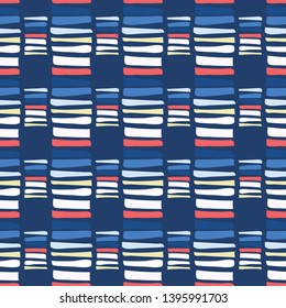 Hand drawn textured maritime stripes. Seamless vector pattern. Striped seaside coastal fashion textiles. All over print for seafaring nautical stationery, ocean marine water decor. Navy blue red white