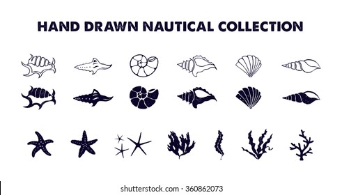 Hand drawn textured nautical vector illustrations set.