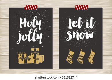 Hand drawn textured New Year card with pile of gifts and Christmas stockings vector illustrations.