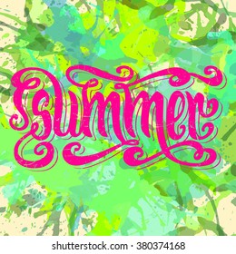 Hand drawn textured pink word Summer over bright green artistic paint splashes.