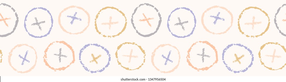 Hand drawn textured polka dot circles border seamless pattern. Sketchy  dotty button lines vector illustration. Modern edging graphic design. Fresh scandi style scribble grid. Home decor ribbon trim.