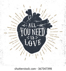 Hand drawn textured romantic poster with human heart and inspiring lettering on white background.