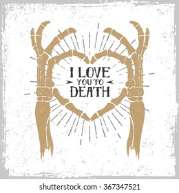 Hand drawn  textured romantic poster with golden skeleton hands forming a heart vector illustration on the white background.