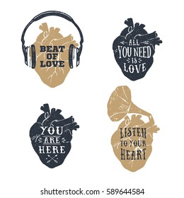 Hand drawn textured romantic posters with human heart, headphones, gramophone horn vector illustrations and lettering on the white background.