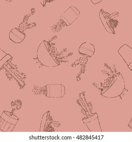 Hand drawn textured seamless pattern with potted plants