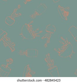 Hand drawn textured seamless pattern with potted plants