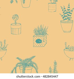 Hand drawn textured seamless pattern with potted plants