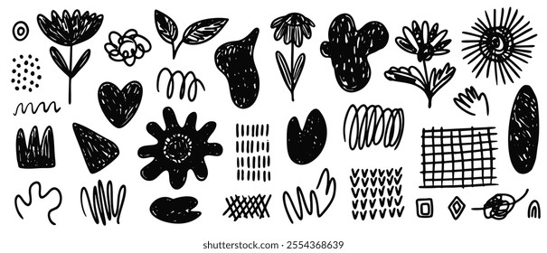 Dibujado a mano conjunto texturizado de Vector negro Formas abstractas y flores a mano alzada. Dibujo de tinta grunge flor, corazón, remolino, pinceladas, manchas orgánicas para diseño de patrones, tarjetas de felicitación, pegatinas